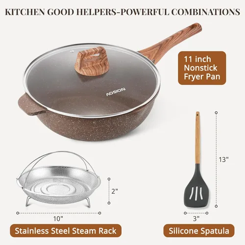 Miniatura 3 de AOSION Sartén de 11 Pulgadas Antiadherente de Cerámica para Freír Profundo con Tapa, Sartén de 5QT para Cocinar con Parrilla de Vapor, Sartén Grande