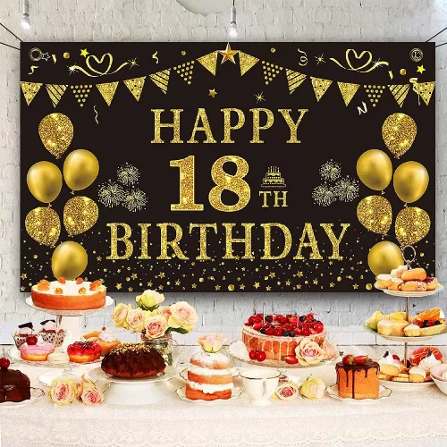 Miniatura 4 de Trgowaul Decoraciones de cumpleaños número 18 para hombres, pancarta de fondo negro y dorado de 5.9 x 3.6 pies, suministros de fotografía de feliz