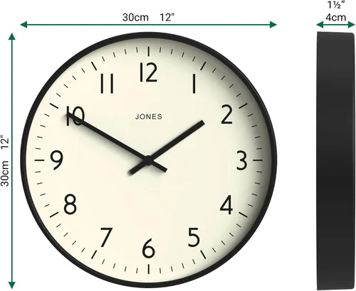 Miniatura 3 de JONES CLOCKS® Reloj de pared de estudio Estilo redondo moderno 12 pulgadas Negro Números fáciles de leer Diseño versátil para cocina, sala