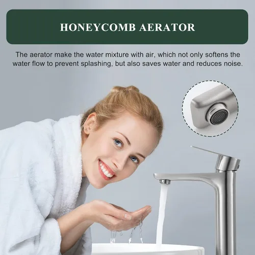 Miniatura 2 de TONNY Grifo de lavabo de baño de níquel cepillado, grifo de baño alto de acero inoxidable para fregadero de buque de un agujero, grifo de tocador