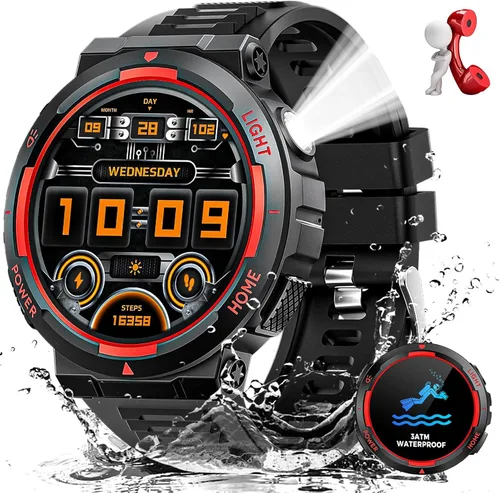 Military Smart Watch for Men with LED Flashlight Tactical Smart Watch 1.53”HD Screen Rugged Smartwatch 3ATM Waterproof 100+ Sports Fitness Tracker