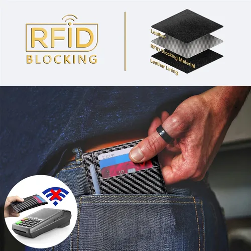 Miniatura 5 de Travelambo Cartera delgada de cuero minimalista con bolsillo frontal, bloqueo RFID, textura de fibra de carbono