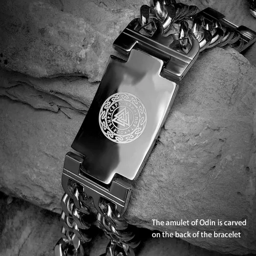 Miniatura 4 de Bahamut - Pulsera de eslabones de cadena cubana de acero inoxidable para hombre, viking Odin Gungnir para hombre, joyería nórdica, L, Acero