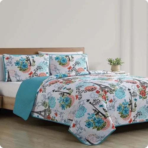 VCNY Home Colcha azul para cama Queen – Edredón alternativo de 3 piezas matrimonial o Queen, colcha con fundas (decoración Eiffel Paris)