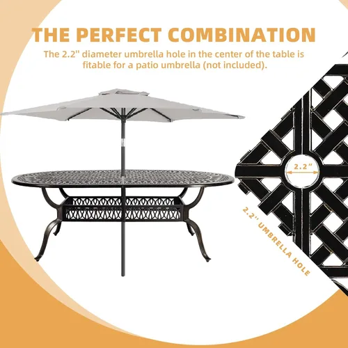 Miniatura 2 de Juego de comedor de patio de 9 piezas, mesa y sillas de patio al aire libre, mesa de comedor ovalada de aluminio fundido de 84 pulgadas con agujero