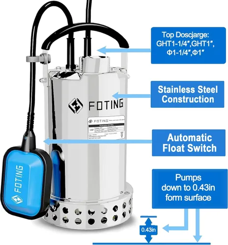 Miniatura 8 de FOTING Bomba de sumidero de acero inoxidable 304 completa con interruptor de flotador, bomba de agua sumergible automática de 1 HP 4600 GPH