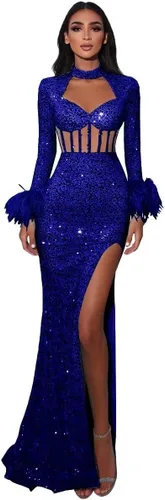Recorte sirena vestido de fiesta de manga larga pluma pura vestido formal para las mujeres con abertura lentejuelas DR0185