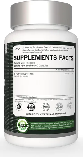 Miniatura 2 de 5-HTP 200 mg, 60 cápsulas vegetarianas (5-hidroxitriptófano) – Vitaminas de apoyo del estado de ánimo sin OMG y sin gluten para mujeres y hombres