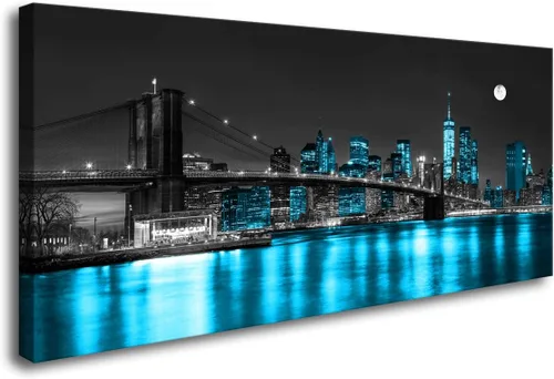 Miniatura 8 de Aibonnly Arte de Pared Pintura en Lienzo Negro, Blanco y Azul Puente de Brooklyn de Nueva York 1 Pieza Paisaje Urbano Nocturno Edificio Imagen