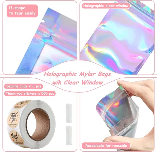 Miniatura 2 de Paquete de 150 bolsas holográficas de Mylar de 5 x 8 pulgadas con ventana transparente, pequeñas bolsas de papel de aluminio resellables