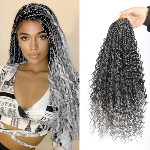 Miniatura 31 de Goddess Box Braids - Trenzas de cabello a ganchillo con extremos rizados, trenzas de caja bohemianas de 16 pulgadas, trenzas de ganchillo, 8 1B-4-30
