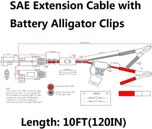 Miniatura 2 de SPARKING Clip de cocodrilo de batería de 10 pies y 12 V a SAE 2 pines, cable de desconexión rápida SAE a cable de sujeción de batería, fusible de 15