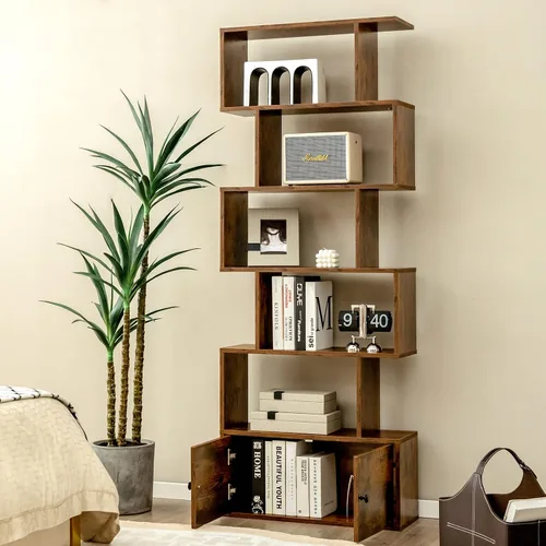 Miniatura 2 de Tangkula Estantería en forma de S con gabinete, estantería de 6 niveles con puertas, estanterías geométricas independientes para sala de estar
