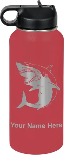 Miniatura 37 de LaserGram Botella de agua personalizada, gran tiburón blanco, acero inoxidable de doble pared aislada al vacío con popote superior, regalo grabado
