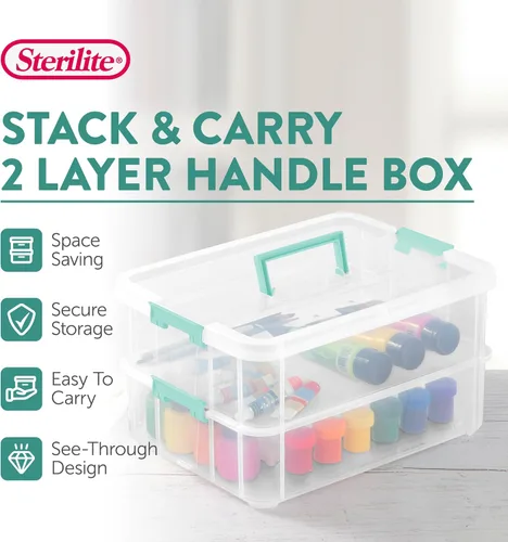 Miniatura 2 de Sterilite Paquete de 4 cajas de asas de 2 capas para almacenamiento en el hogar y la oficina, base transparente y tapa con pestillos
