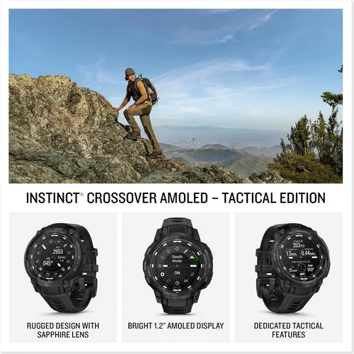 Miniatura 3 de PlayBetter Garmin Instinct Crossover AMOLED Tactical (negro) Caja de regalo de reloj inteligente GPS para exteriores, pantalla analógica