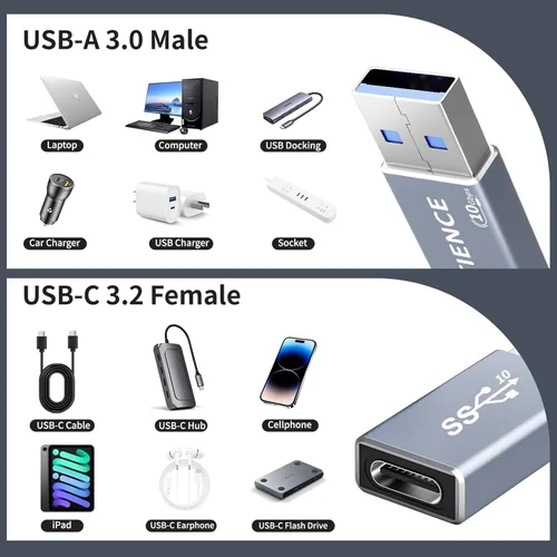 Miniatura 7 de Adaptador USB a USB C de doble cara de 10 Gbps, adaptador tipo C hembra a USB 3.2 macho, carga rápida de 60 W para iPhone 16 15 14 Plus Pro Max