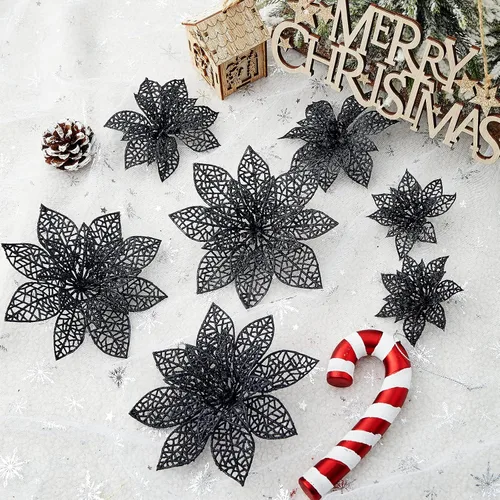 Miniatura 3 de Wironlst 24 piezas de flores de pascua con purpurina para árbol de Navidad, arbustos de nochebuena brillantes, decoraciones de Navidad para Navidad