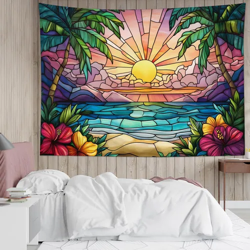 Miniatura 46 de LB Tapiz de hongos para colgar en la pared, luna y estrella en beige, tapiz de pared para dormitorio, estética de planta verde, arte de pared
