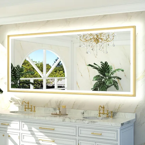 Miniatura 15 de TETOTE Espejo LED dorado para baño, marco de metal de 20 x 28 pulgadas, espejo de tocador iluminado frontal y retroiluminado, barroco, antiniebla