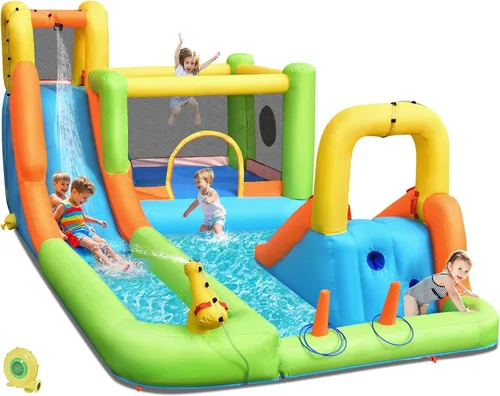 Miniatura 11 de OLAKIDS Tobogán acuático inflable, casa de rebote 7 en 1 con 2 toboganes de escalada de pared, piscina con 2 columnas de anillo, pistola de agua