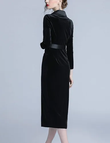 Miniatura 3 de DBM - Vestido plisado para mujer de manga larga solapa y doble pecho
