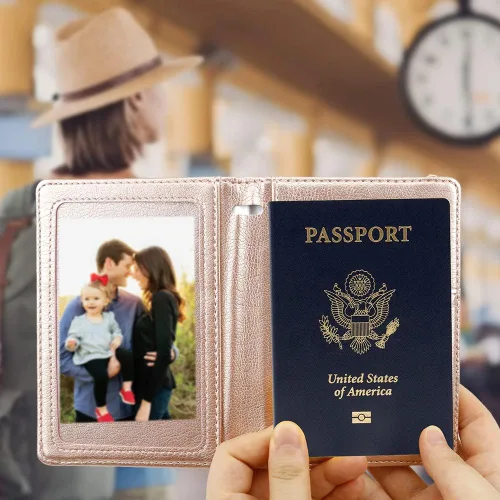 Miniatura 3 de Soporte para pasaporte y tarjetero de vacuna, cartera para pasaporte, funda para pasaporte con bloqueo RFID, Oro Rosa, Compacto