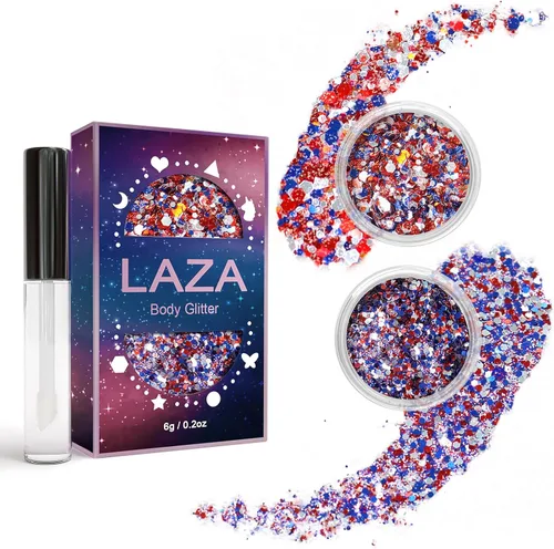 Miniatura 10 de Laza Purpurina corporal, 2 tarros de lentejuelas gruesas holográficas con pegamento de purpurina, perfecto para mujeres, sombra de ojos, maquillaje