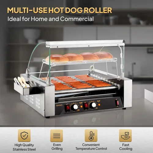 Miniatura 6 de ROVSUN Hot Dog Roller con 11 asadores para 30 hot dogs, máquina de cocción eléctrica de asador con cubierta, control de temperatura dual