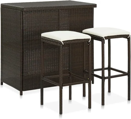 Juego de barras de 3 piezas de ratán sintético rectangular marrón con marco de acero, diseño moderno para interiores y exteriores, comedor y patio