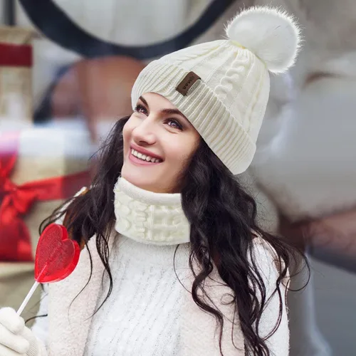 Miniatura 5 de UOUDIO Conjunto de gorro de punto con pompones para mujer y hombre gorro de esquí de invierno gorro de calavera holgado con forro polar