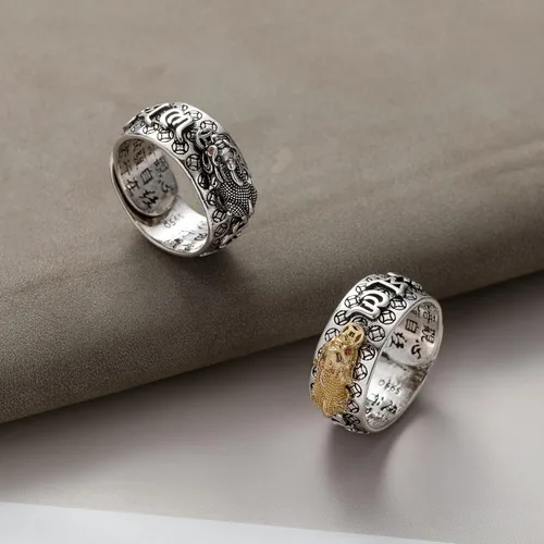Miniatura 8 de Vikeney 2 anillos ajustables de mantra Feng Shui Pixiu para hombres y mujeres, amuleto budista de la suerte, mantra, protección cuádruple, riqueza