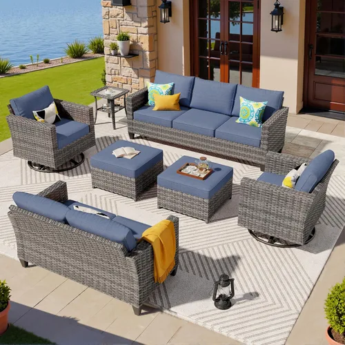 Miniatura 14 de ovios Juego de muebles de patio de 8 piezas, sofá de mimbre para exteriores con sillas giratorias, mecedora con cojines cómodos, juego de Beige