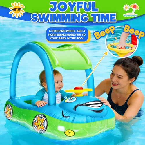 Miniatura 3 de iGeeKid Flotador inflable de piscina para bebé con toldo, asiento de seguridad para bebé, flotadores de natación en forma de automóvil, flotadores