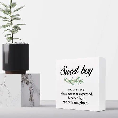 Miniatura 4 de Letrero de madera con texto en inglés "Sweet Boy You are More Than We Ever Expected", con cita inspiradora, caja de madera, placa para niños