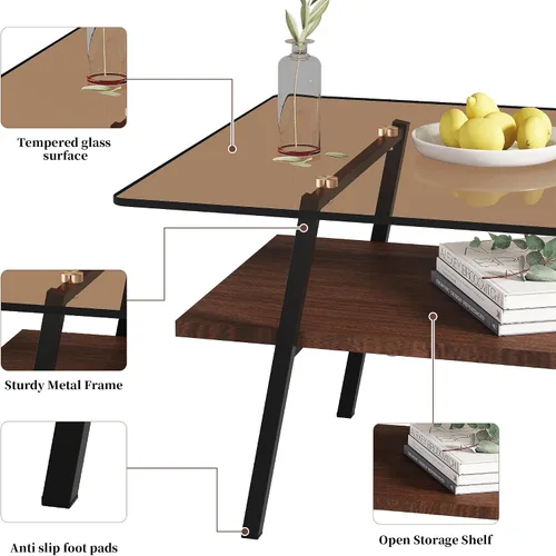 Miniatura 6 de Mesa de centro de cristal para sala de estar, mesa de centro de 2 niveles de mediados de siglo, mesa central con parte superior de vidrio templado
