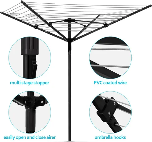 Miniatura 6 de Nisorpa Tendedero giratorio para paraguas para exteriores, altura ajustable, con cubierta protectora impermeable, secadora giratoria plegable con 4