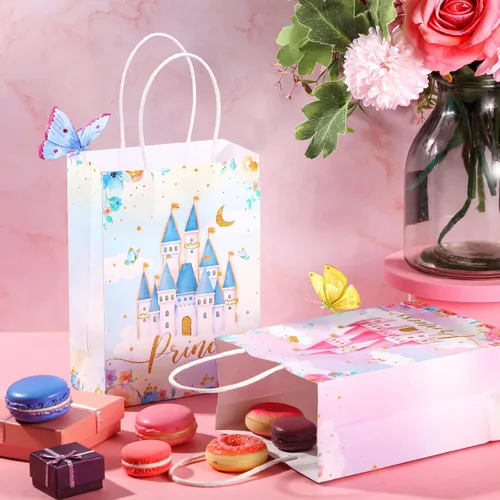 Miniatura 4 de 24 piezas de bolsas de fiesta de castillo de princesa y príncipe con asas, bolsas de dulces y golosinas para revelación de género, baby shower y boda