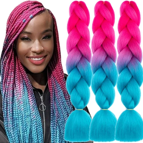 Miniatura 58 de 3 paquetes de extensiones de cabello sintético para trenzar de color negro a azul, tamaño jumbo ombré, de 24 pulgadas o trenzas de ganchillo