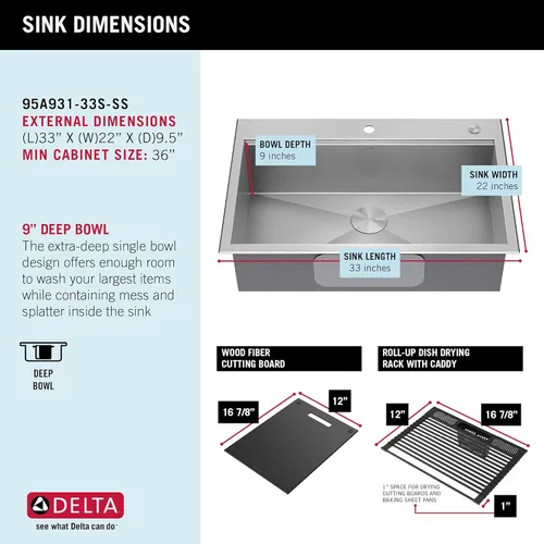 Miniatura 7 de DELTA, Rivet - Lavaplatos de cocina de 33 pulgadas con estación de trabajo, montaje superior, acero inoxidable de calibre 16, cuenco individual +