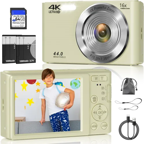 Miniatura 14 de Cámara digital, cámara de enfoque automático 4K para fotografía con tarjeta de 64GB, cámara digital compacta portátil de 44MP para adolescentes