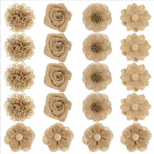 KUMGROT 20 flores de tela de arpillera, 5 estilos, rosas naturales hechas a mano, flores rústicas vintage para manualidades, decoración de fiestas