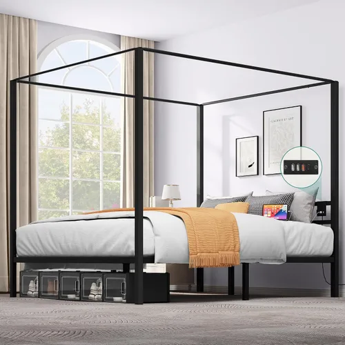 Miniatura 9 de YITAHOME Marco de cama de metal con dosel de cuatro pósteres, plataforma de cama de 14 pulgadas con cabecera incorporada, soporte de colchón