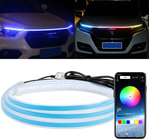 Tira de luz RGB para capó de automóvil de 59 pulgadas con control de aplicación, multicolor, 210 modos de escaneo dinámico exterior, kit de campana,