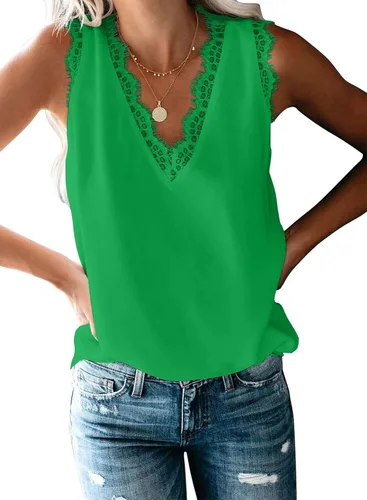 Miniatura 85 de VIISHOW - Camiseta sin mangas, sexy, con cuello en V y bordes de encaje para mujer, camisola de vestir, camisas de gasa, sin mangas, casuales