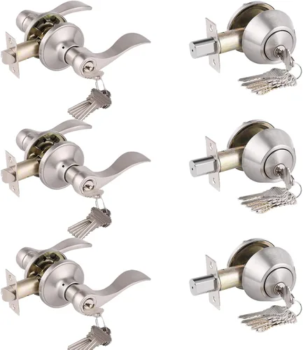 Miniatura 8 de Gobrico Keyd Alike - Manija de puerta de entrada y cerrojo de un solo cilindro en níquel satinado, palanca estilo onda con cerradura y cerrojo