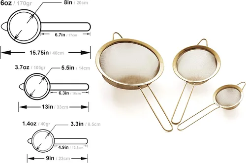 Miniatura 5 de Juego de coladores de malla fina - Acero inoxidable 304 premium (18/8) - Coladores de cocina resistentes de 8, 5.5 y 3.3 pulgadas (dorado)