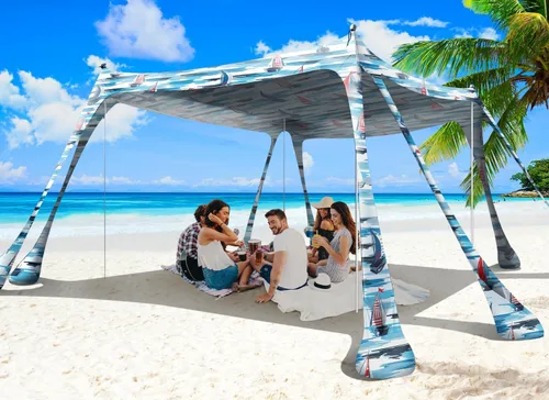 Miniatura 15 de Tienda de campaña de playa, toldo de playa de 10 x 10 pies, toldo de playa fácil de desplegar portátil UPF50+ con 8 sacos de arena, 2 palas