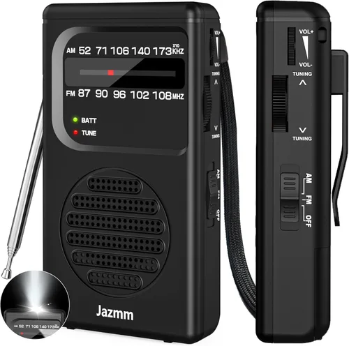 Radio portátil AM FM, radio a batería con altavoz grande de 3 W, radios de transistor con la mejor recepción, bolsillo con clip trasero, linterna,