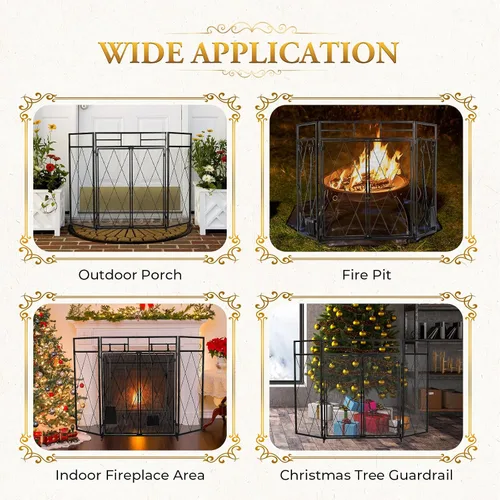 Miniatura 5 de Pantalla de Chimenea de Doble Puerta 5 en 1 49.6''x 30.7'' Grande 3 Paneles Plegable de Hierro Forjado Independiente Pantalla de Chimenea Rústica